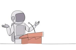 Single continuous line drawing young happy astronaut speaking at the podium while opening hands. Explain history of the company to become a multinational company. One line design illustration vector