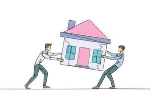 Continuous one line drawing two emotional businessman fighting over miniature house. The concept of fighting for luxurious house that they really want. Single line draw design illustration vector