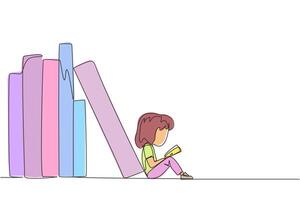 Continuous one line drawing girl reading sitting leaning against a pile of books. Habit of reading books every day. Library. Good habit. Book festival. Single line draw design illustration vector