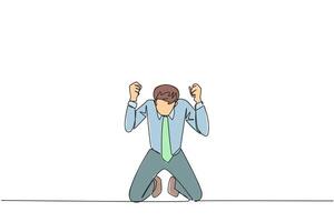 Continuous one line drawing businessman kneeling like praying. Lost hope. Businesses will bankrupt if fail to get bona fide clients. Gesture of surrender. Single line draw design illustration vector