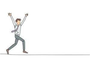 Continuous one line drawing young businessman running to celebrate the success of business. Like a football player who scores goal, he celebrates. Success. Single line draw design illustration vector