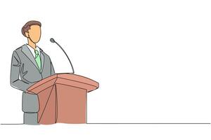 Single continuous line drawing young happy businessman speaking at the podium. Announced greatly improved business balance sheet. A fun speech for all parties. One line design illustration vector