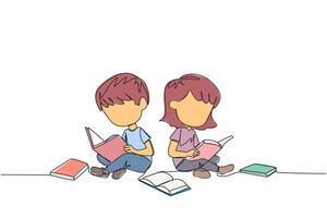 Single continuous line drawing kids sitting relaxed in a library reading a lot of books. Looking for answers to school assignments. Reading hobby. Book festival. One line design illustration vector