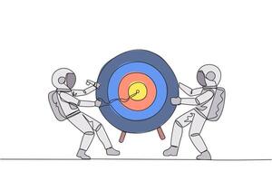 Single continuous line drawing two angry astronaut fighting over arrow target board. Fighting for who will get achievement first. Versus. Attack. Conflict. Space. One line design illustration vector