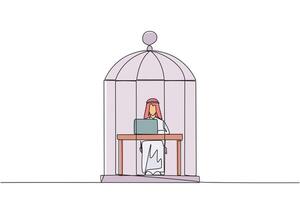 Single one line drawing Arab businessman trapped in cage sitting and typing on laptop computer. Tiring routine. Unhappy businessman with the many deadline. Continuous line design graphic illustration vector