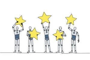 Single continuous line drawing group of five artificial robotic intelligence raised their respective star. Give positive feedback and the best review. 5 star. Online shop. One line illustration vector