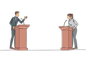 Continuous one line drawing businessman and businesswoman arguing on the podium. Throwing arguments at each other, not wanting to give in. Feel most right. Single line draw design illustration vector