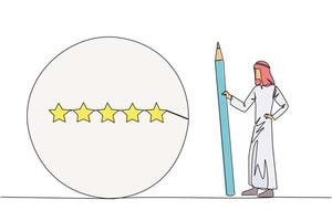 Single continuous line drawing Arabian man stands holding a large pencil and next to is a large circle encircling all 5 stars. Five star rating positive feedback. One line design illustration vector