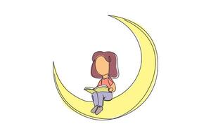 Continuous one line drawing girl sitting on crescent moon reading book. Reading story before bed. Passionate about reading in any condition. Book festival. Single line draw design illustration vector