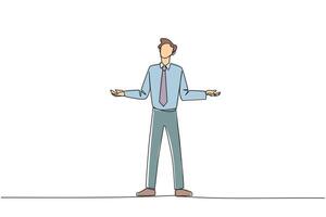 Continuous one line drawing businessman standing straight with open arms. Lonely and sadness businessman lamenting undeveloped business. Unhappy manager. Single line draw design illustration vector