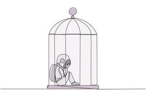 Single continuous line drawing young astronaut trapped in the cage sitting covering face. Feel utterly defeated. Trapped in a dirty business. Mentally tired. Lost. One line design illustration vector