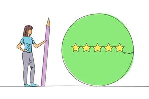 Single one line drawing happy woman stands holding a large pencil and next to is a large circle encircling all 5 stars. Five star rating positive feedback. Continuous line design graphic illustration vector