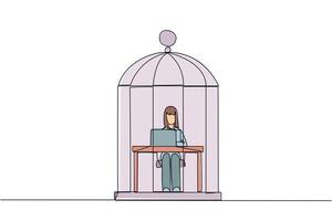 Single one line drawing businesswoman trapped in cage sitting and typing on laptop computer. Tiring routine. Unhappy businesswoman with the many deadline. Continuous line design graphic illustration vector