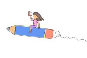 Continuous one line drawing a girl rides on a pencil-shaped rocket. Reading a book at a height. Read books anywhere. Good habits. Book festival concept. Single line draw design illustration vector