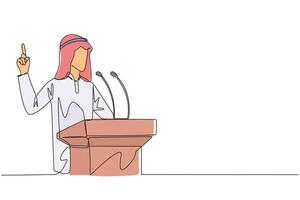 Single continuous line drawing young Arabian businessman speaking at the podium while lifting index finger up. He made favorable statement for the company. Oration. One line design illustration vector