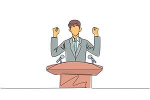 Single one line drawing young energetic businessman speaking at the podium while raising and clenching both hands. Styled like a politician seeking votes. Continuous line design graphic illustration vector