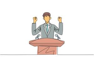 Single one line drawing young energetic businessman speaking at the podium while raising and clenching both hands. Styled like a politician seeking votes. Continuous line design graphic illustration vector