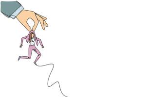 Single one line drawing big hand holding businesswoman. Workplace moving metaphor. Position transfer. Level up. Have bigger responsibilities. Successful. Continuous line design graphic illustration vector