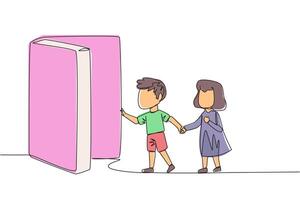 Single one line drawing the kids open the book-shaped door. Books can open mind and see everywhere. Increase knowledge about the wider world. Book festival. Continuous line design graphic illustration vector