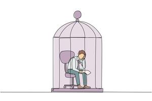 Continuous one line drawing businessman trapped in cage sitting pensively holding paper. Failed business. Read the bankruptcy statement. Frustration. Sad. Single line draw design illustration vector