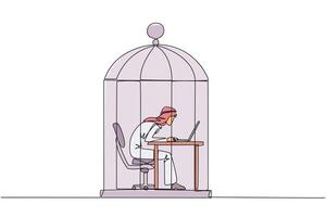 Single one line drawing Arabian businessman trapped in cage working on laptop. Plan to take annual leave to get away from routine. Workaholic. Overtime. Continuous line design graphic illustration vector