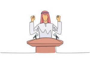Continuous one line drawing young Arabian businessman speaking at the podium while raising and clenching both hands. Styled like a politician seeking votes. Single line draw design illustration vector