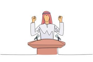 Continuous one line drawing young Arabian businessman speaking at the podium while raising and clenching both hands. Styled like a politician seeking votes. Single line draw design illustration vector