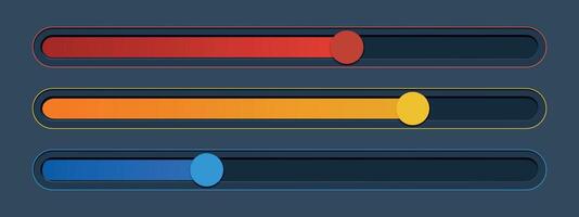 3 vertical sliders in red, yellow and blue color on black background. illustration of loading bar, level, scale, sound volume. Software tool. Speed upload or download. Panel switch control. vector