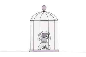 Single one line drawing astronaut trapped in the cage kneeling holding iron bars. Framed by business partner. Have to bear all the consequences. Unfair. Continuous line design graphic illustration vector