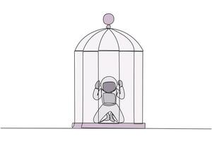 Single one line drawing astronaut trapped in the cage kneeling holding iron bars. Framed by business partner. Have to bear all the consequences. Unfair. Continuous line design graphic illustration vector