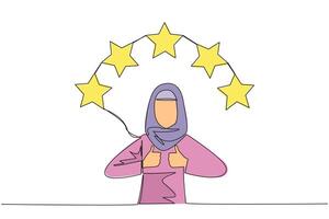 Single one line drawing Arabian woman giving two thumbs up, above head there are 5 stars forming semicircle. Exciting online shopping experience. Review 5 star. Continuous line graphic illustration vector