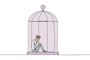 Continuous one line drawing businessman trapped in the cage sitting covering face. Feel utterly defeated. Trapped in a dirty business. Mentally tired. Lost. Single line draw design illustration vector