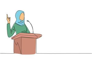 Continuous one line drawing Arabian businesswoman speaking at podium while giving gesture of lifting one finger up. Inspirational speech. Conference stage. Single line draw design illustration vector