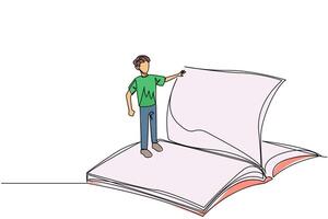 Continuous one line drawing man standing over open ledger turning the pages. Read slowly to understand the contents of each page. Reading increases insight. Single line draw design illustration vector