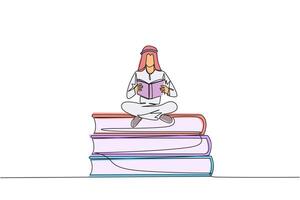 Single one line drawing Arab man sitting cross-legged on pile of large books. Read comic. Read textbook. Read scientific journal. Reading increase insight. Continuous line design graphic illustration vector