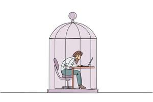 Single one line drawing businesswoman trapped in cage working on laptop computer. Plan to take annual leave to get away from routine. Workaholic. Overtime. Continuous line design graphic illustration vector