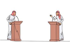 Single one line drawing two Arabian businessman arguing on podium. Throwing opinions on the best way to deal with global warming. Open dialogue. Debating. Continuous line design graphic illustration vector