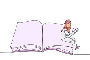 Single one line drawing Arabian man sitting on the edge of a large open book. Study before exam time arrives. Read textbooks with focus. Reading is fun. Continuous line design graphic illustration vector