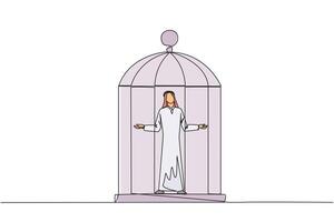 Single continuous line drawing Arab businessman trapped in cage standing with open arms. Surrender to situation. Forced to stay in a cage. Business is not growing. One line design illustration vector