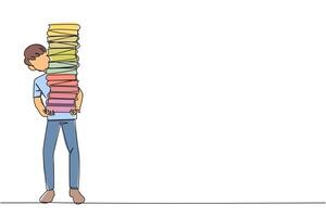 Continuous one line drawing man carrying tall stack of books covering himself. Newly purchase book from bookstore. Read books one by one at home. Love read. Single line draw design illustration vector