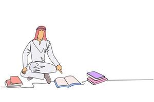 Single one line drawing Arabian man reading the books happily. Good reading interest. Really enjoy reading story books. Reading everywhere. Book festival concept. Continuous line graphic illustration vector