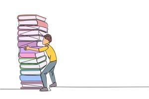 Single continuous line drawing man hugging a very high pile of books. Hobby to collecting and reading books. Filling free time with useful things. Loving read. One line design illustration vector