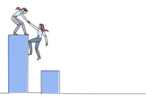 Single continuous line drawing businesswoman helps colleague climbing bar graph. Helping to climb to higher ground. Move forward and success together. Teamwork. One line design illustration vector