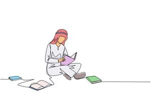 Single continuous line drawing Arabian man sitting relax in library reading lot of books. Looking for answers to assignments. Hobby reading. Book festival concept. One line design illustration vector