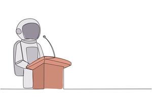 Single continuous line drawing young happy astronaut speaking at podium. Announced greatly improved business balance sheet. A fun speech for all parties. Orator. One line design illustration vector