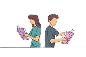 soltero uno línea dibujo hombre mujer muy enfocado en leyendo el libro. leyendo ficción historia libros durante vacaciones. libro festival concepto. muy bueno hábito. continuo línea diseño gráfico ilustración vector