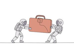 Continuous one line drawing two aggressive astronaut fighting over the briefcase. Fight over the client data contained in the bag. Astronaut attack. Cosmic. Single line draw design illustration vector