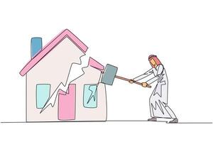 Single one line drawing Arabian businessman preparing to hit miniature house. Metaphor of house as collateral for payment. Fails. Home is gone. Bankrupt. Continuous line design graphic illustration vector