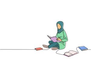 Continuous one line drawing Arabian woman sitting relax in library reading lot of books. Looking for answers to assignments. Hobby reading. Book festival concept. Single line draw illustration vector