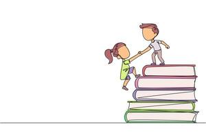 Single continuous line drawing boy helps girl climb a pile of books. The concept of helping each other to succeed together. Knowledge source book. Book festival. One line design illustration vector